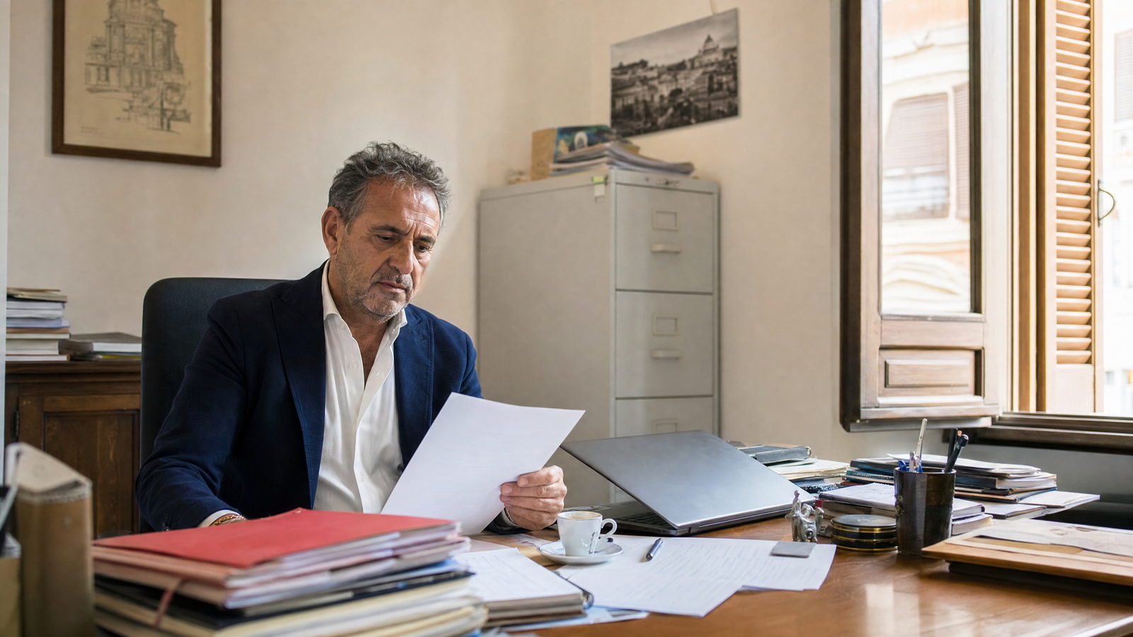 Titolare di una piccola impresa italiana alla scrivania mentre verifica i contratti con i fornitori, tema voucher cloud e cybersecurity per le PMI